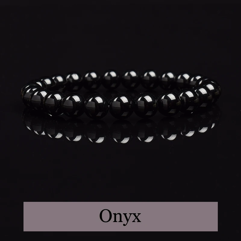 Pulsera de cuentas de ágatas negras para hombres y mujeres, piedra Natural de ónix negro genuino, cuentas redondas lisas de 6mm y 8mm, joyería de