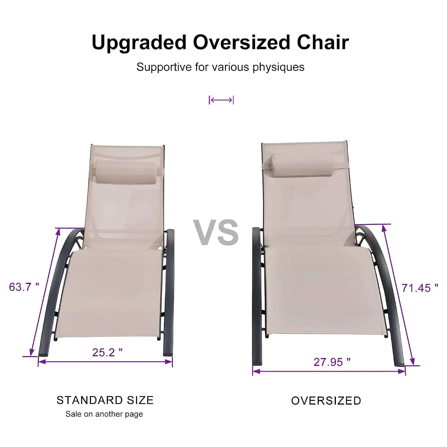 Oversized Pool Chaise Lounge Chair Beige Aluminum Frame Quick-Dry UV Stackable S-Curve 5 Recline Angles Headrest, Customized