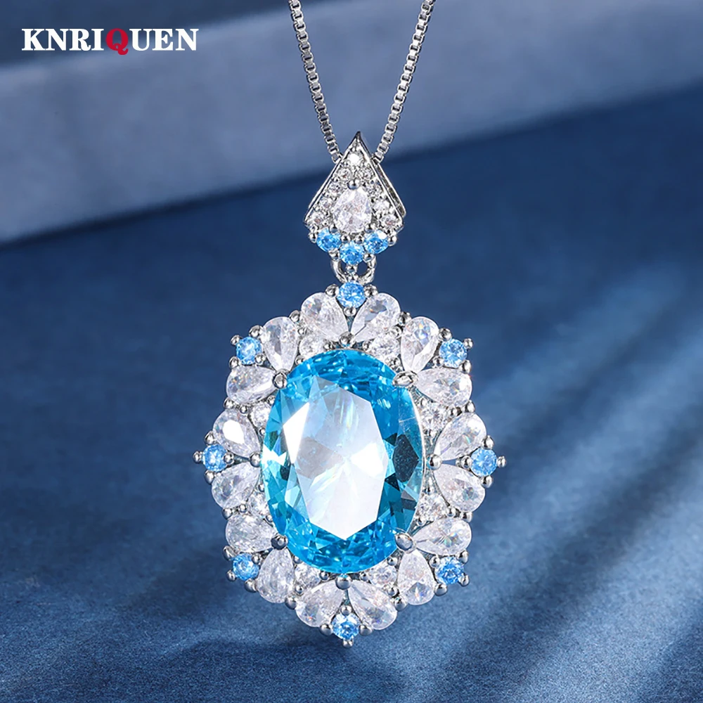 Sparkling 13*18mm Emerald Aquamarine Sapphire Pendant Necklace for Women Vintage Gemstone Party Fine Jewelry Gift Accessories