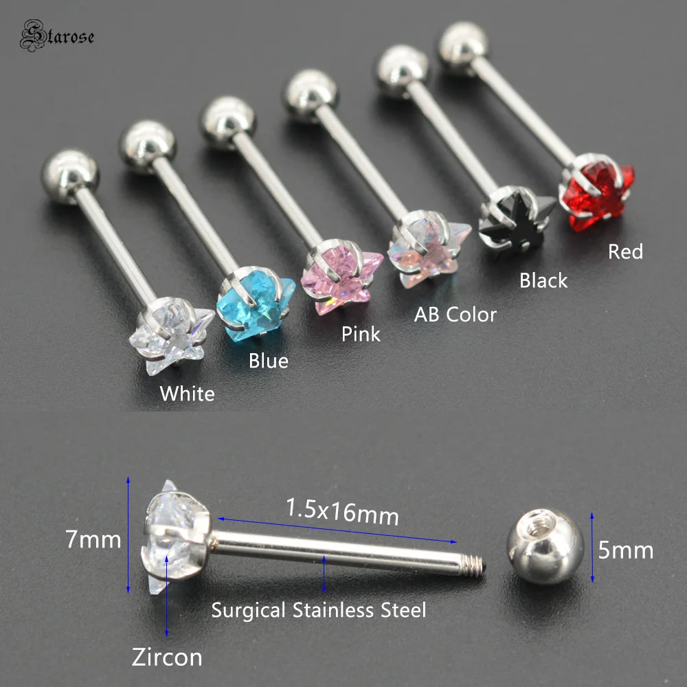 1 قطعة كريستال ستار جولة القلب اللسان ثقب المجوهرات الزركون الحديد حلقات اللسان الفولاذ المقاوم للصدأ الصناعية ثقب الكرة النهاية