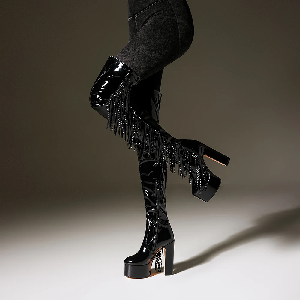 Arden Furtado 2024 Winter Patent Leather Tassels Thigh high boots Round toe Platform Zipper Super high heel Crystal Modern boots