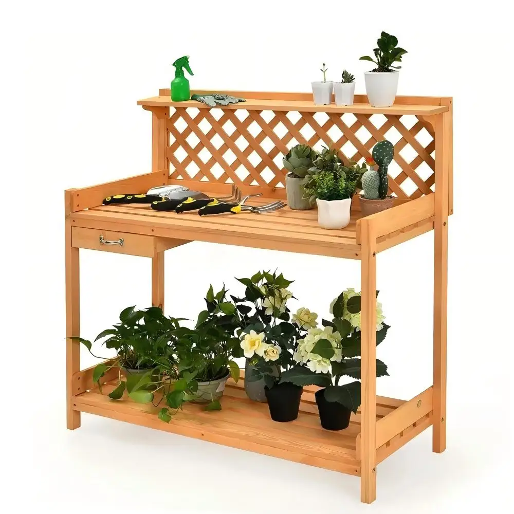 Outdoor Wooden Potting Bench, Gardening Planting Workstation Table for Garden Yard Patio