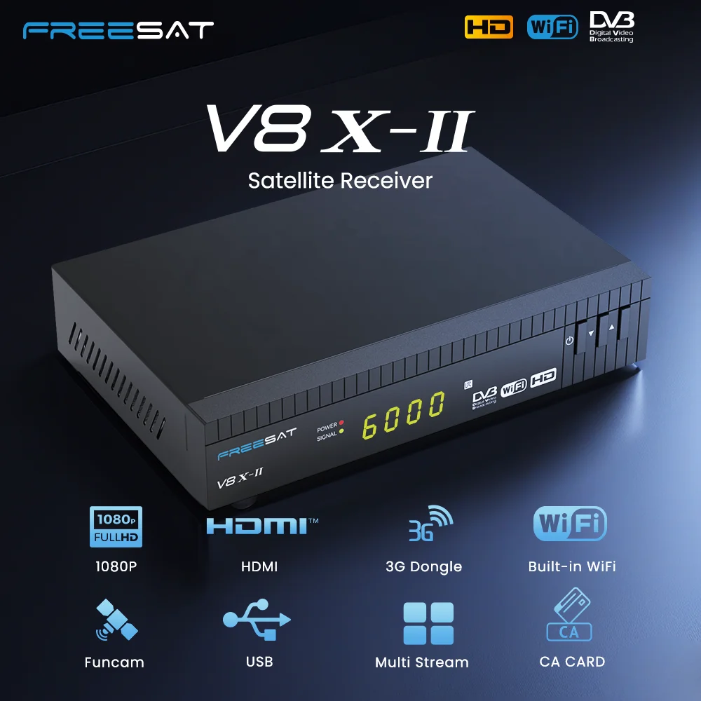 جهاز استقبال الأقمار الصناعية الرقمي FREESAT V8X 2 DVB-S/S2/S2X، H.264/H.265 WIFI مدمج، MARS/FUNCAM 1080P FHD TV Box مع فتحة بطاقة CA