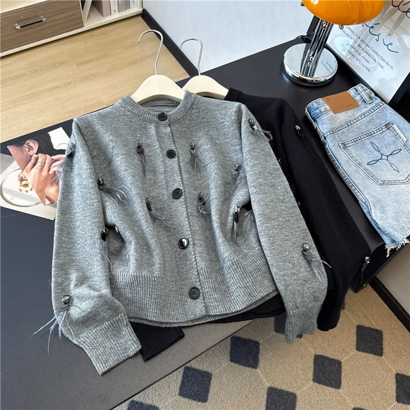 

Женский черный, серый повседневный свитер с круглым вырезом и длинными рукавами, кардиган Y2K в японском стиле, милый модный зимний топ с блестками в стиле ретро, 2025 г.