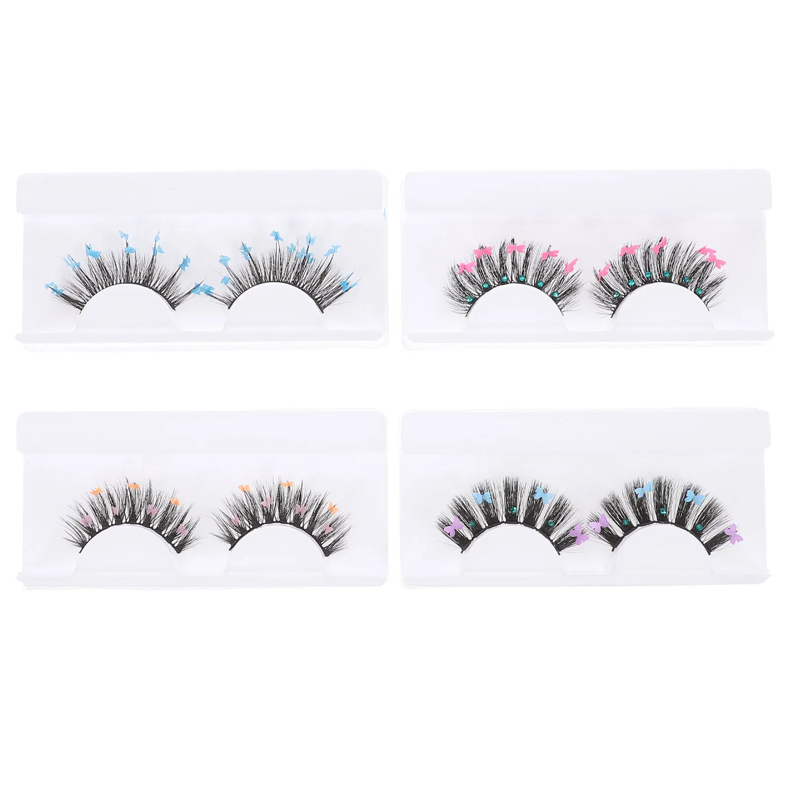 4 ペアグリッタースパンコールまつげロングつけまつげ蝶スタイル簡単に適用できるコスプレパーティールックカラーラッシュ