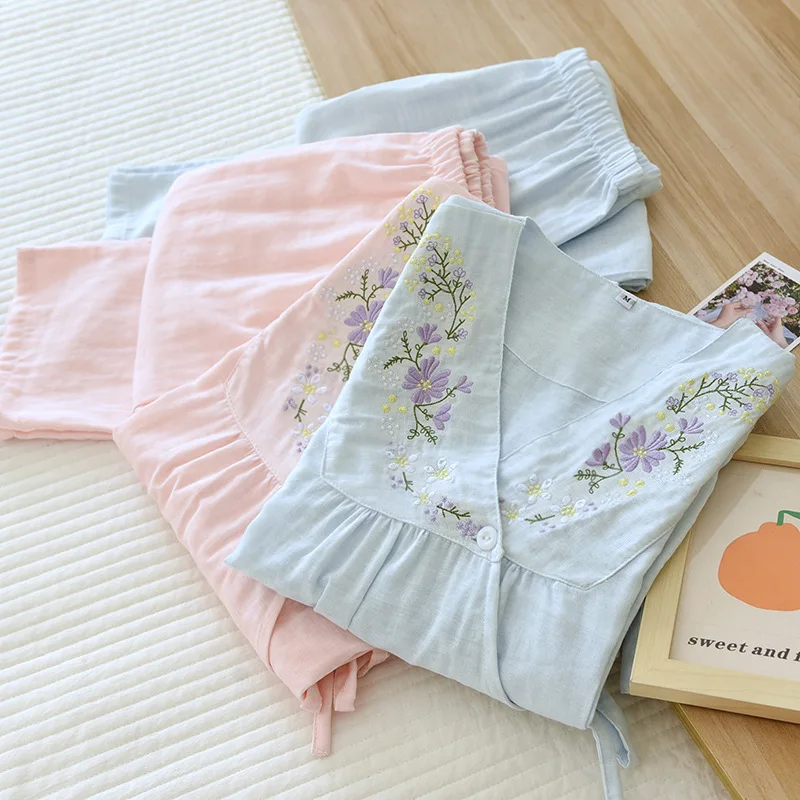 Women's Gauze Cotton Pajamas V-Neck Spring Summer Loungewear Comfortable Breathable Sleepwear Home Fashion Nightgown