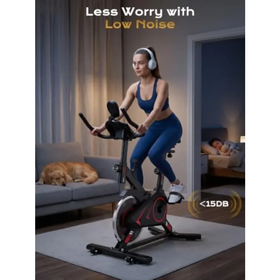 Home gym exercise bike with 350 LB capacity, steel frame, black color, smooth magnetic resistance and adjustable seat