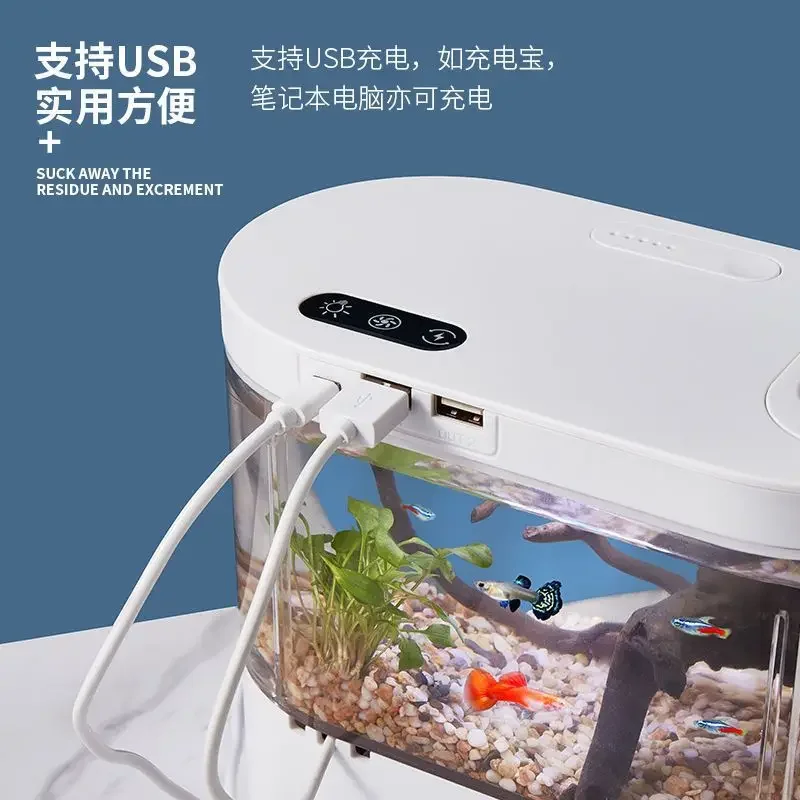 USBミニデスクトップ水槽 内蔵ウォーターポンプ/LEDライト/フィルター 自己循環式金魚水槽