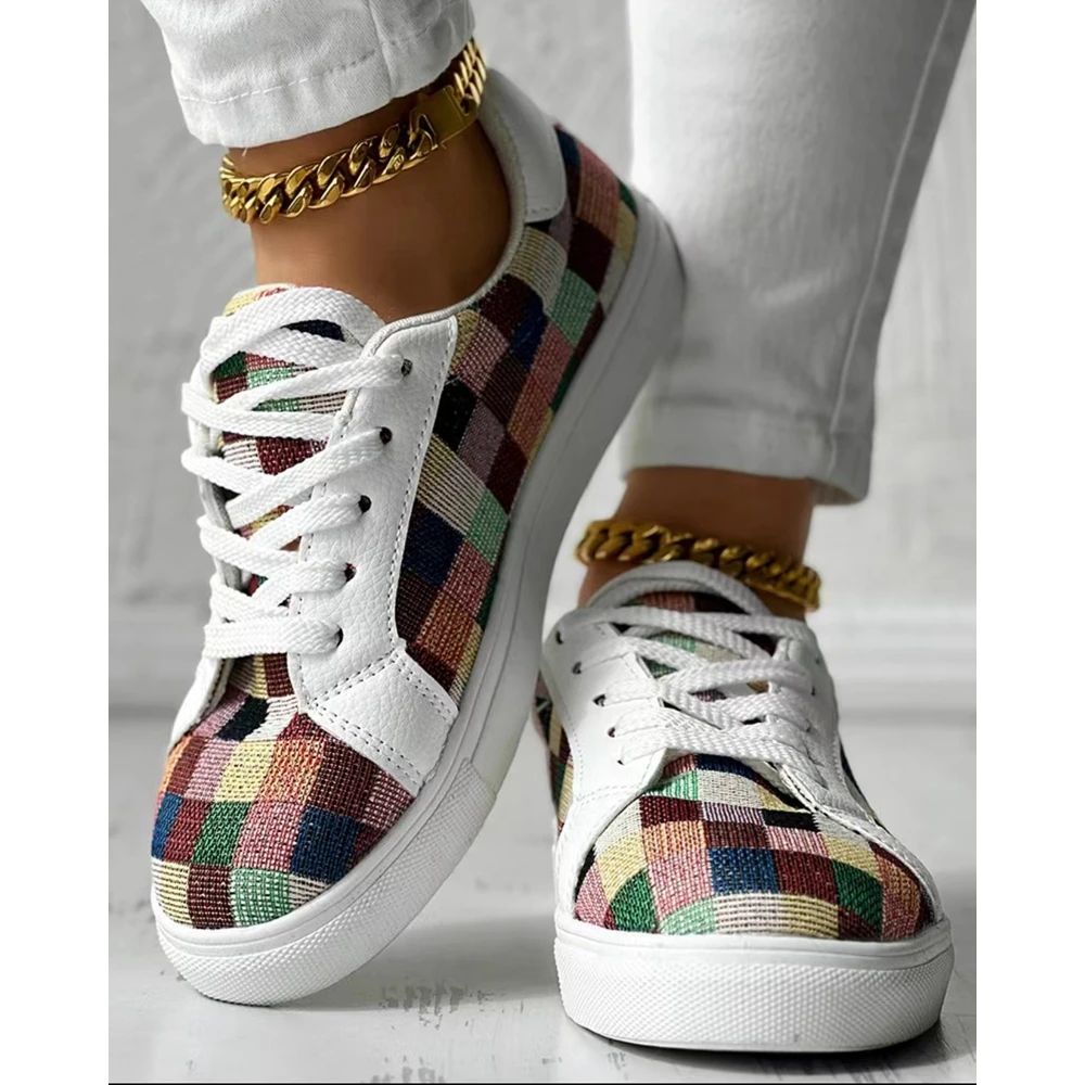 New In Colorblock Plaid Print Lace-up Sneakers Women Spring Autumn Round Toe Sports Running Shoes Femme Going Out Korean Style