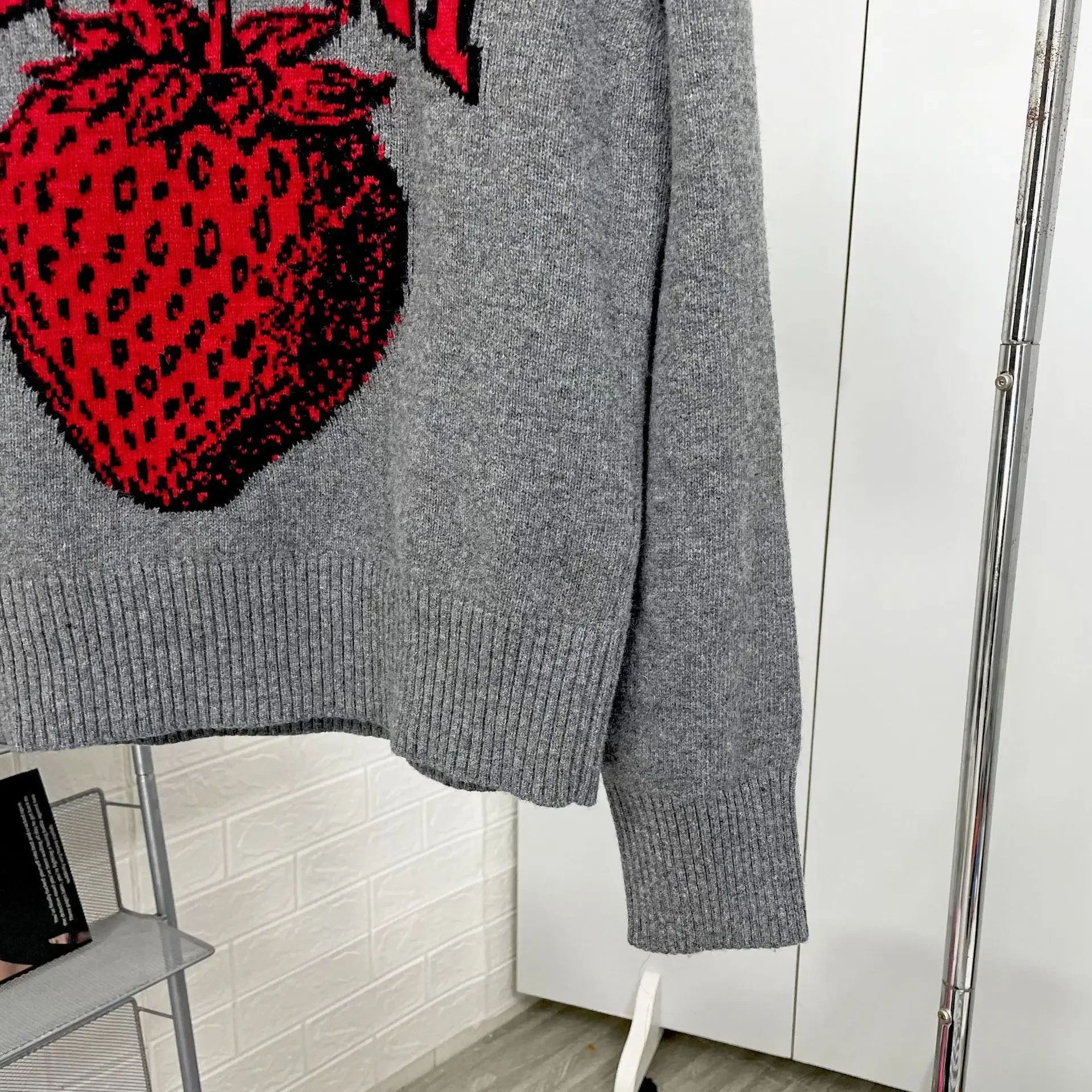 wool Sweater For Women  autumn GA letter strawberry  pullover Grey Color crew neck wool knitted Jumper