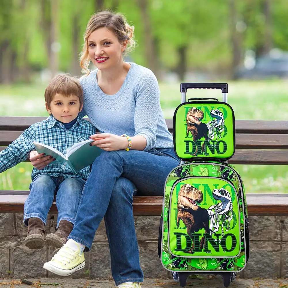 3-Piece Boy Green Dinosaur Backpack, 16-Inch Schoolbag and Kindergarten Primary School Lunch Box