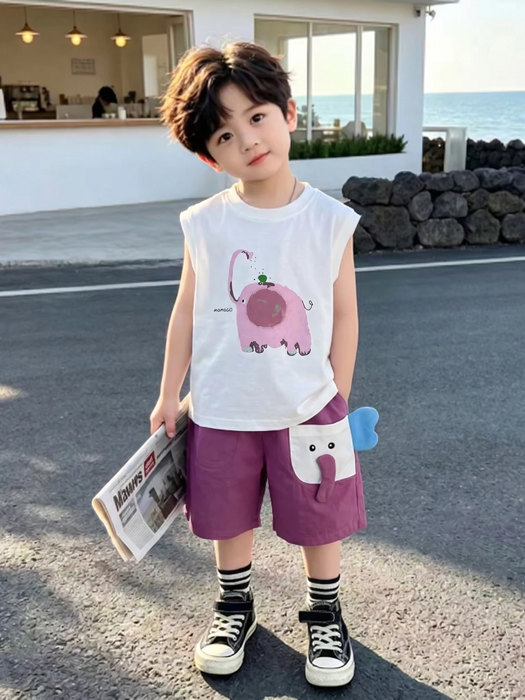 夏の漫画風ゾウ柄男の子用カジュアルツーピースセットノースリーブハンサムスーツ新作ベストリトルボーイショートパンツ