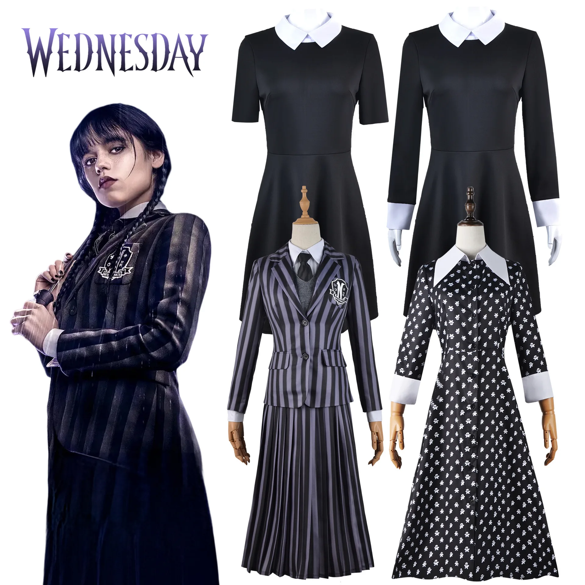 

Wednesday Addams Cosplay Halloween Costumes for Women Black Dotted Dres School Uniform Anime Clothing Party Performance