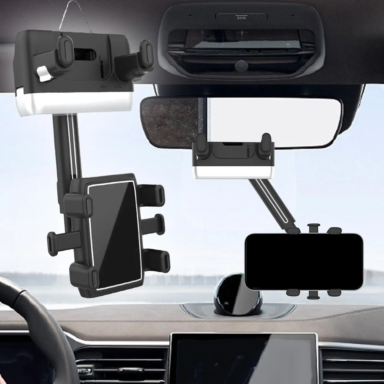 Rear View Mirror Phone Holder Compact Universal Auto Retractable Rearview Mirror