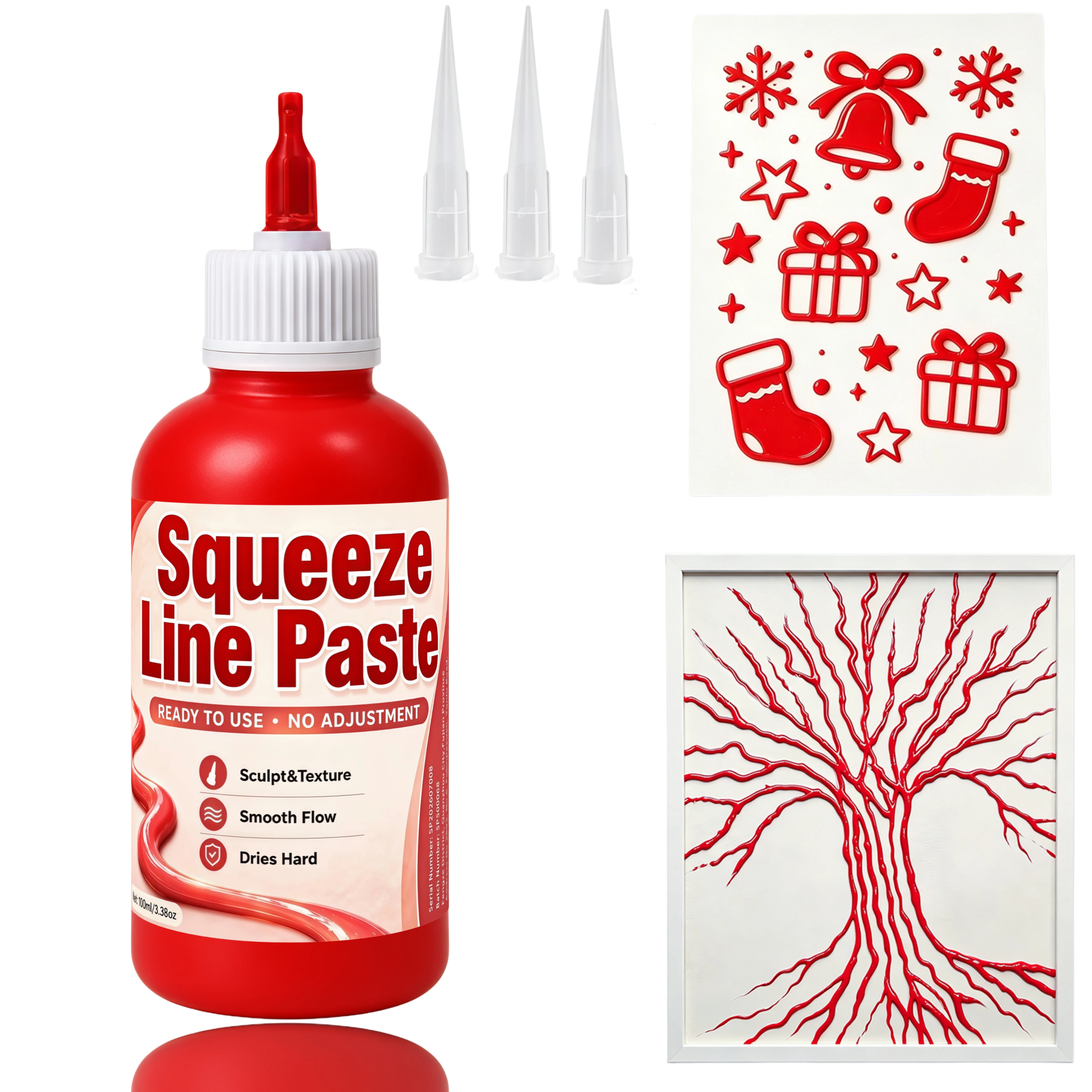 Red 3D Texture Paste with 3 Precision Tips, Raised Effect Liner for DIY Cards, Gift Tags, Scrapbooking & Holiday Art Projects