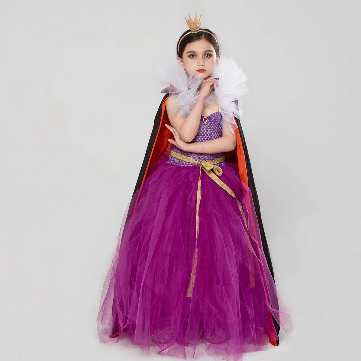 Snow White Villain Evil Queen Style Tutu Dress with Cape Crown Girls Cosplay Wicked Witch Costume Kids Fancy Gown Clothing