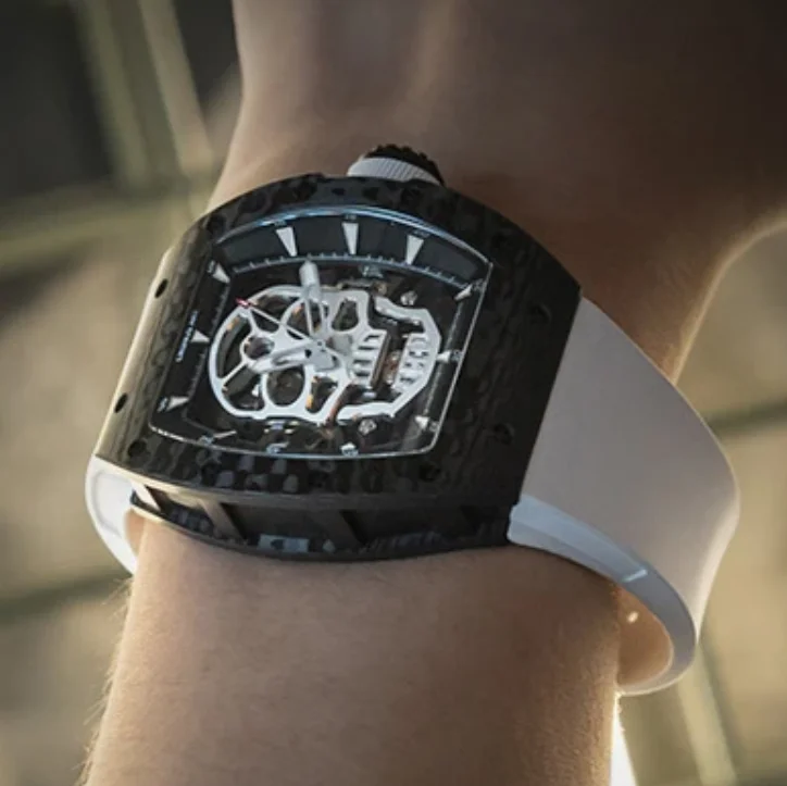 

CRONUSART Men Automatic Watch 50MM Tonneau Mechanical Wristwatch NTPT Carbon Fibre Case Luminous Skeleton Skull Dial