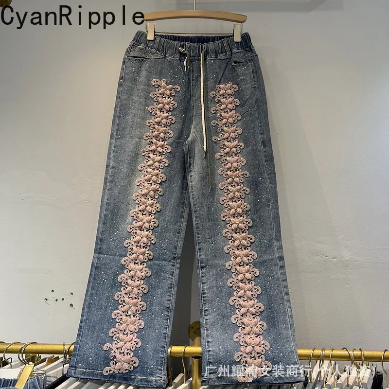 All-match New Autumn Drawstring Elastic Waist Loose Women Denim Pants 3d Floral Hot Diamonds Floor-length Casual Wide Leg Jeans