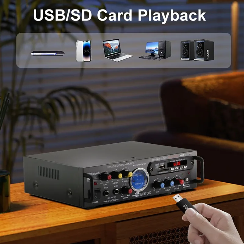 Home Amplifier 12V220V Multifunctional Bluetooth Amplifier with Remote Control Home Plug-in Truck Car HiFi Digital Amplifier