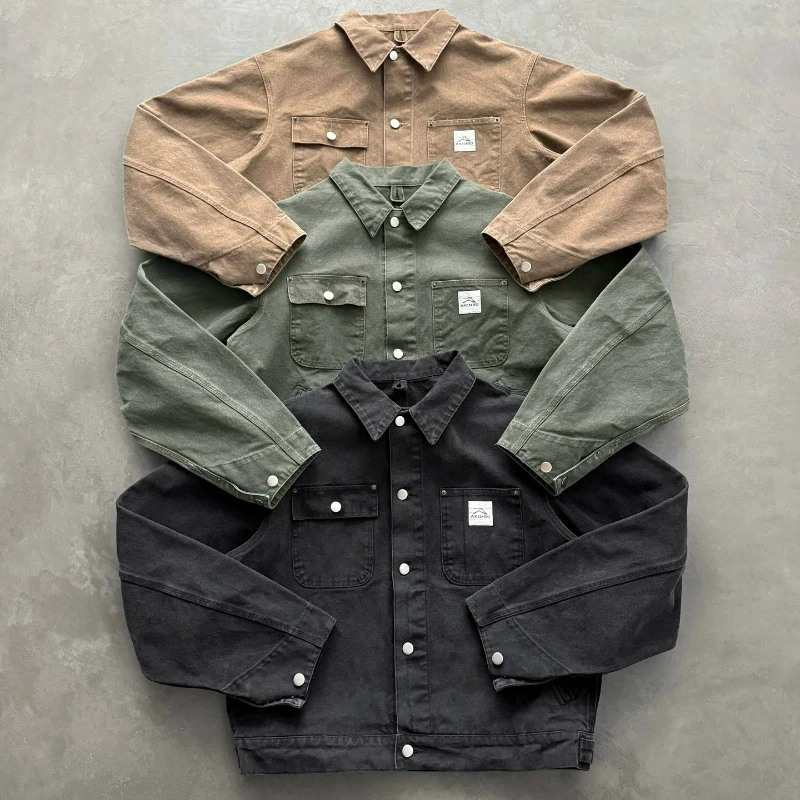 Y2k Retro Cropped Chore Jacket Men Casual Canvas Cotton Jacket American Outdoor Multiple Pockets Streetwear Unisex Boxy Jacket