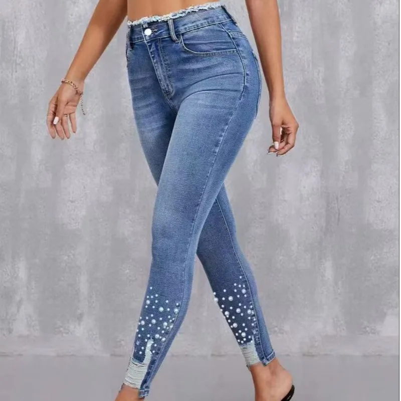 Women's Denim Jeans Pearl Detail Elastic Slim Fit Nine-Piece Pants Ladies Fashion Stretchy Casual Bootcut Trousers