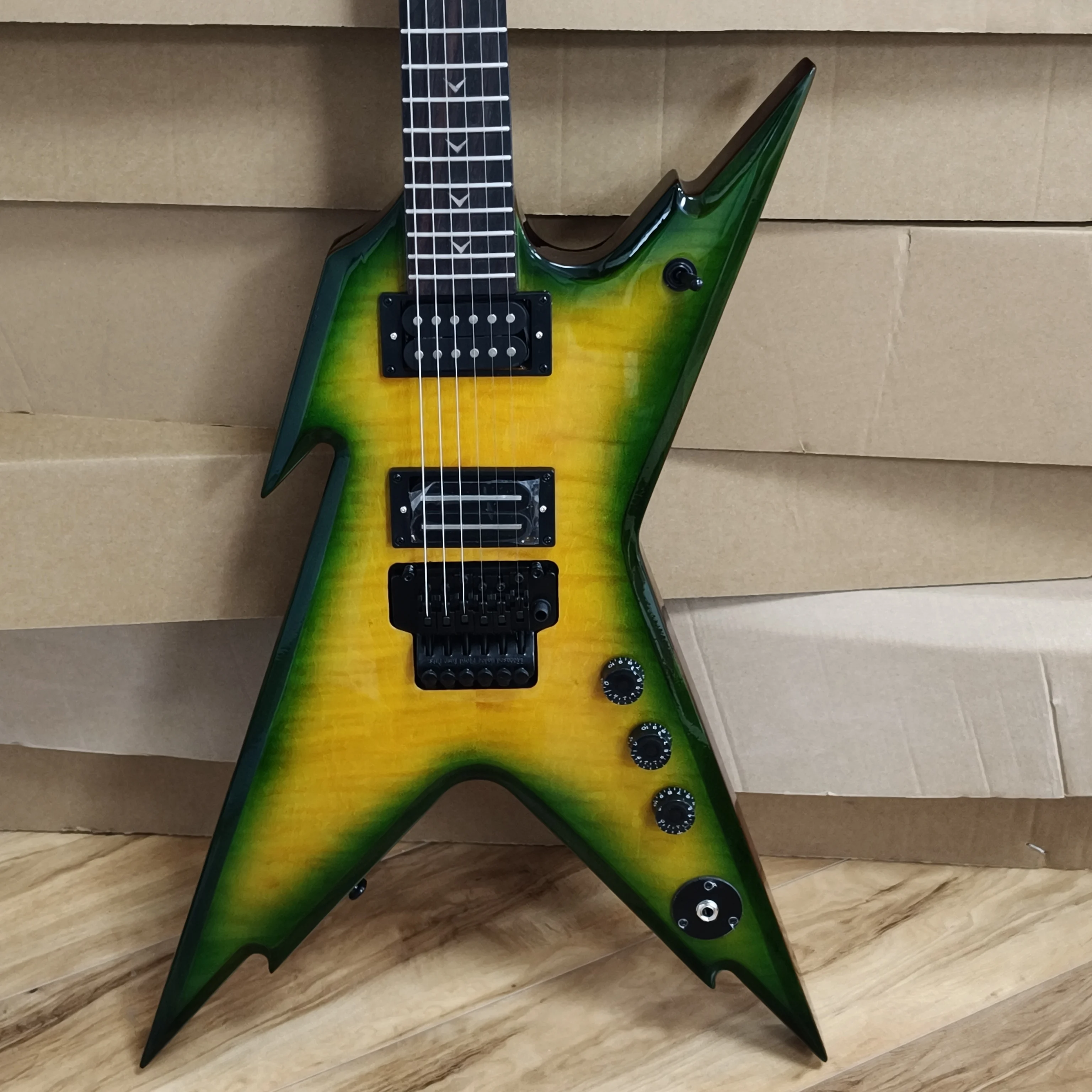 Green Yellow Burst Razorback V Electric Guitar Rosewood Fretboard Double Locking Tremolo Metal Rock Guitar In Storck