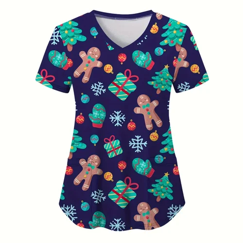 Imagen 1 del producto Uniforme de enfermera de Navidad para mujer, estampado de muñeco de nieve, microelástico, Tops de enfermera Dental, cuello en V, mangas cortas, uniformes médicos para mujer
