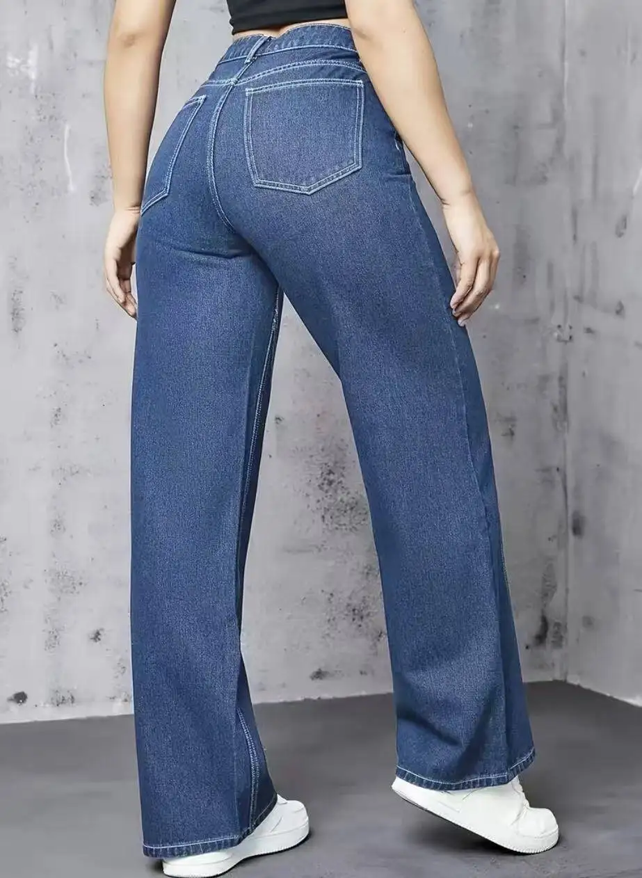 High Waist Straight Leg Denim Jeans Patchwork Sewing Line Vintage Versatile Floor-Length Long Pants