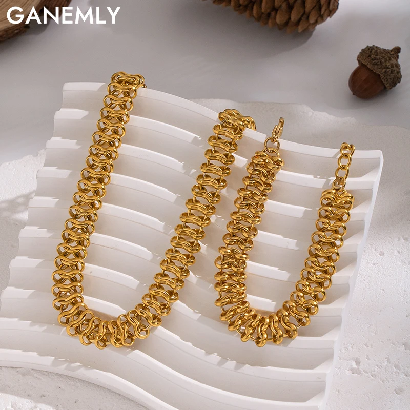 GANEMLY 316L Edelstahl Metall Goldfarben Kubanische Kette Halskette Armband Set für Frauen Hip-Hop Punk Wasserdichtes Schmuckset