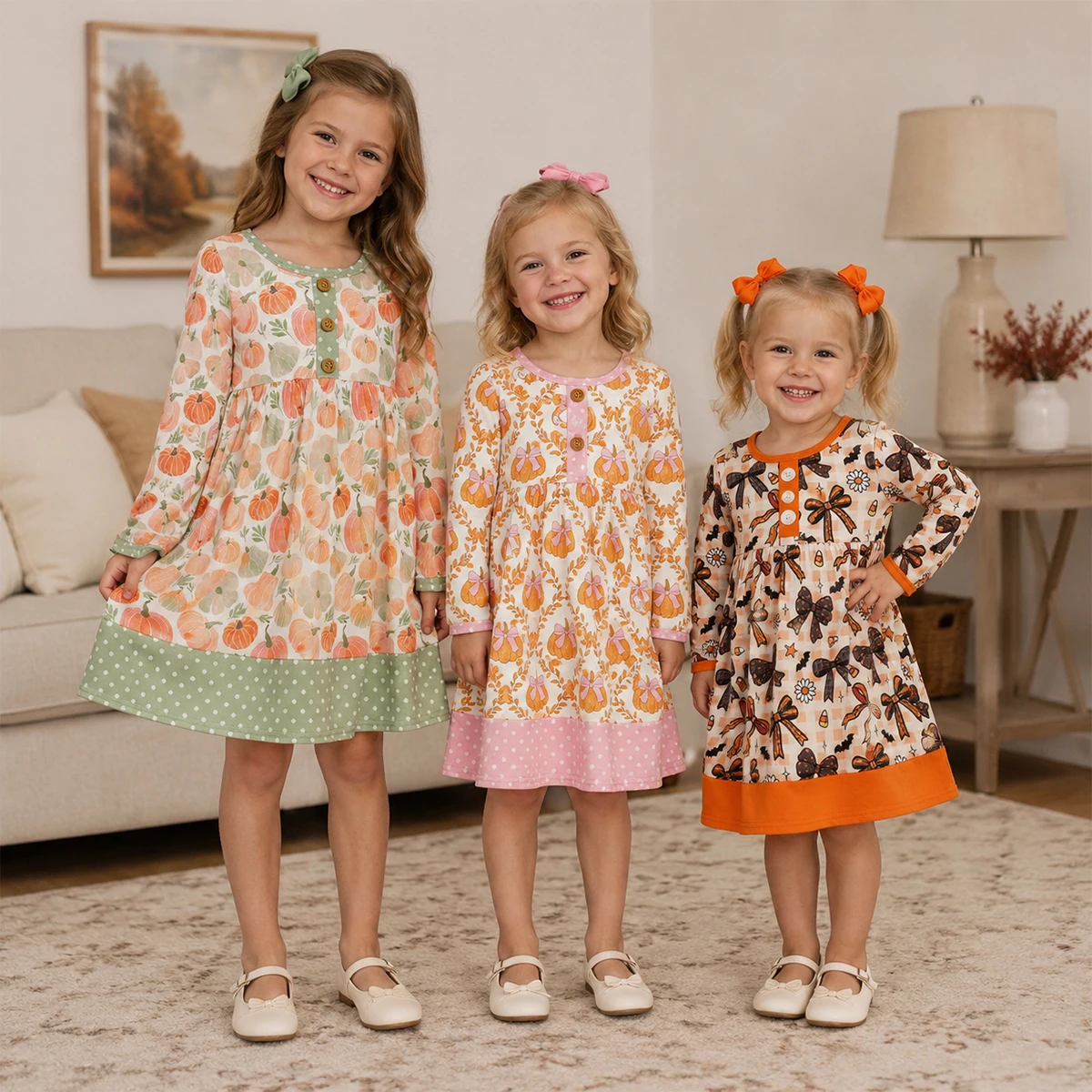 Baby Girl Cute Princess Dress Fall Sibling Clothes Kids Bows Pumpkins Bats Flower Halloween Button Knee Length Dresses Wholesale
