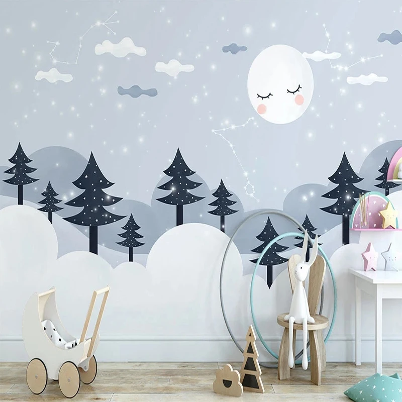 Custom Mural Wallpaper Hand Drawn Cartoon Pine Forest Moon Starry Sky Wall Painting For Kids Room Bedroom Home Decor Wall Paper