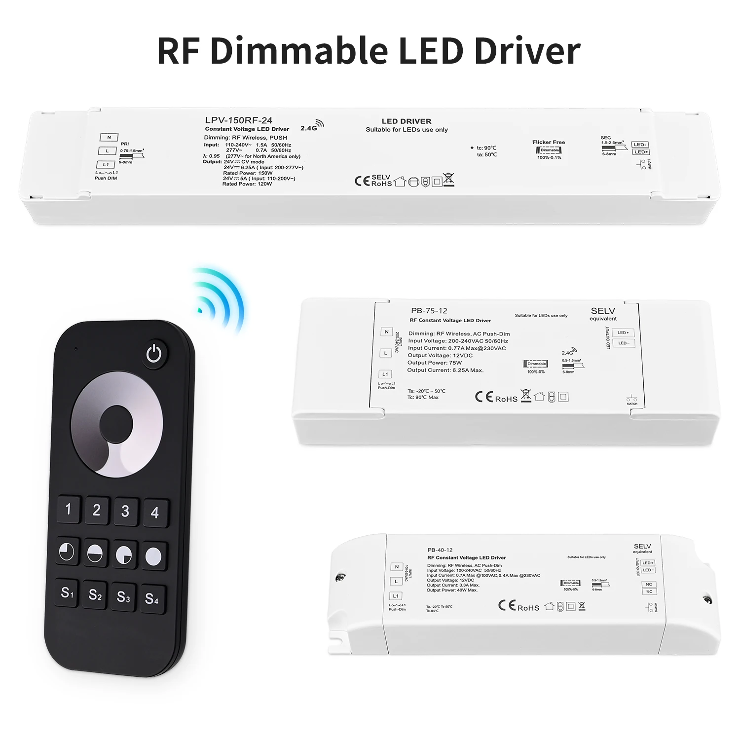 

40W/70W/150W Dimmable LED Driver RF Remote AC Push-dim Lighting Transformer Dimmer Power Supply for LED Strip Lights DC12V 24V