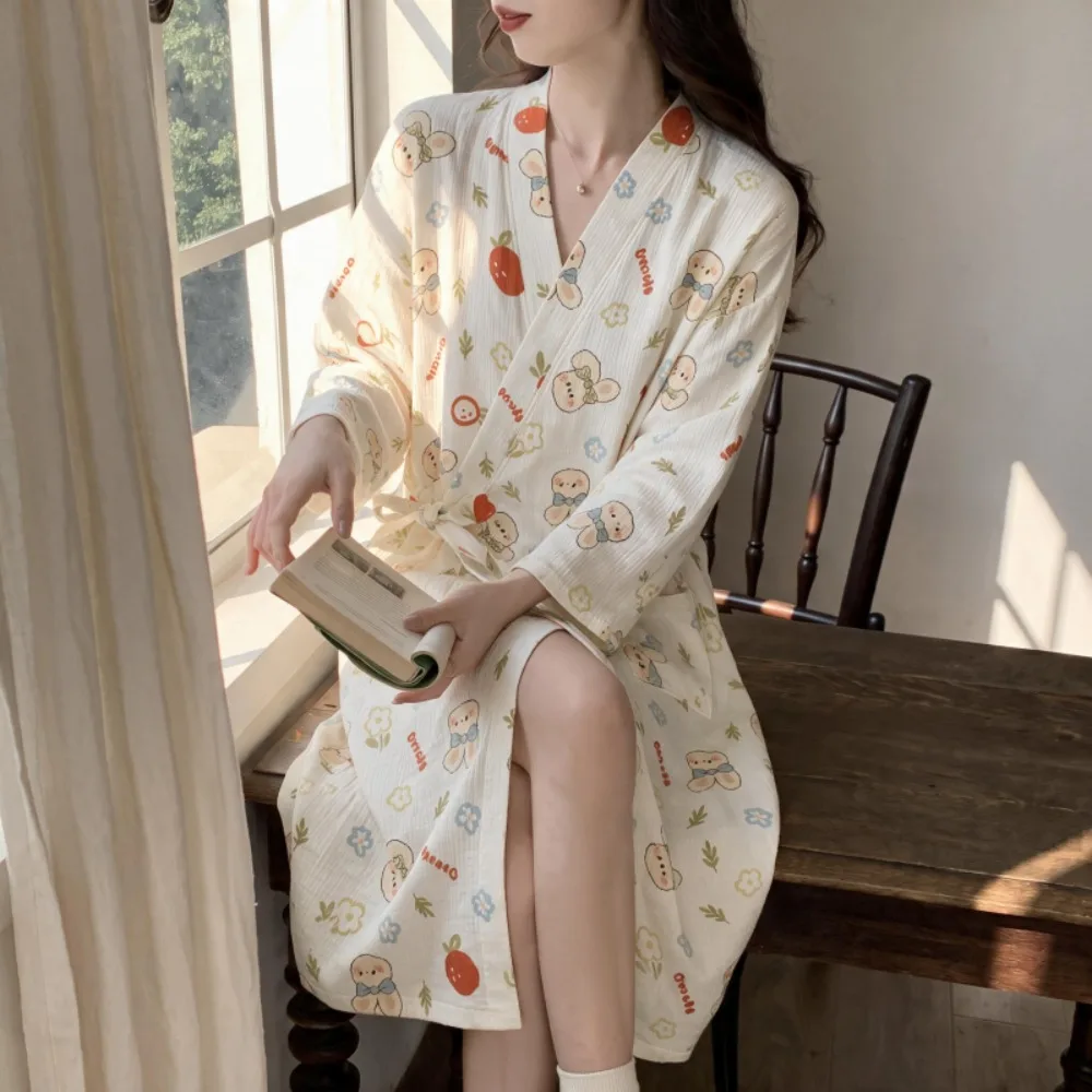 Women Double‑Layer Gauze Kimono Robe Cute Bunny Print Long Sleeve V‑Neck Belted Loose Cotton Bathrobe Sleepwear Home Loungewear