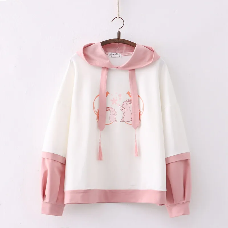 Preppy Hoodie Fake Two Piece Hooded Sweatshirt Patchwork Pullovers Women Cute Clothes Teens Y2K Harajuku Sakura Rabbit Print Top