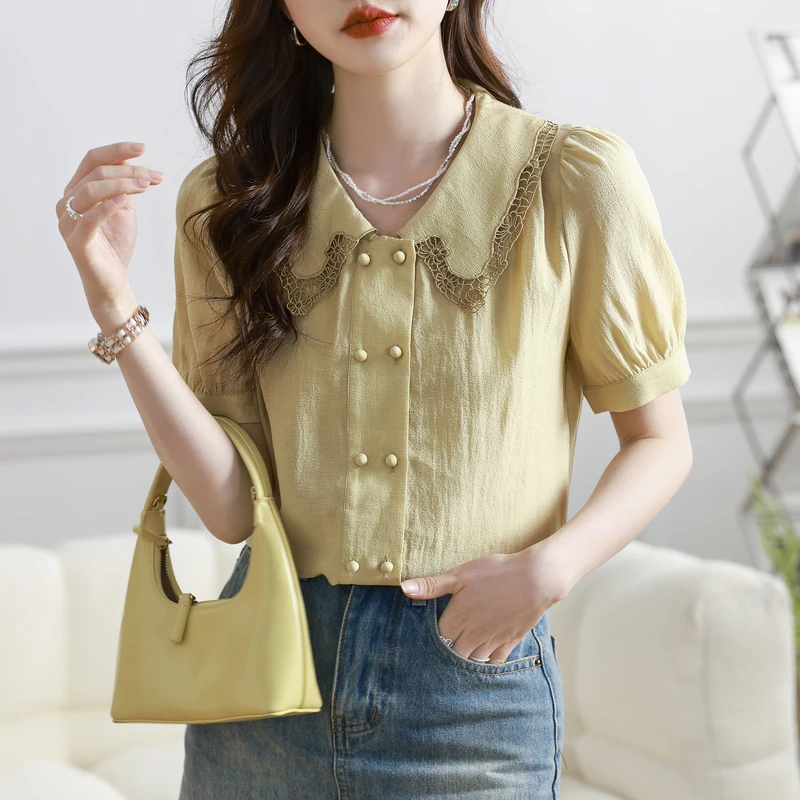 EVNISI Lace Polo-Neck Women Chiffon Blouse Puff Sleeve Elegant Office Shirt Single Breasted Casual Solid Tops Women Loose Blouse