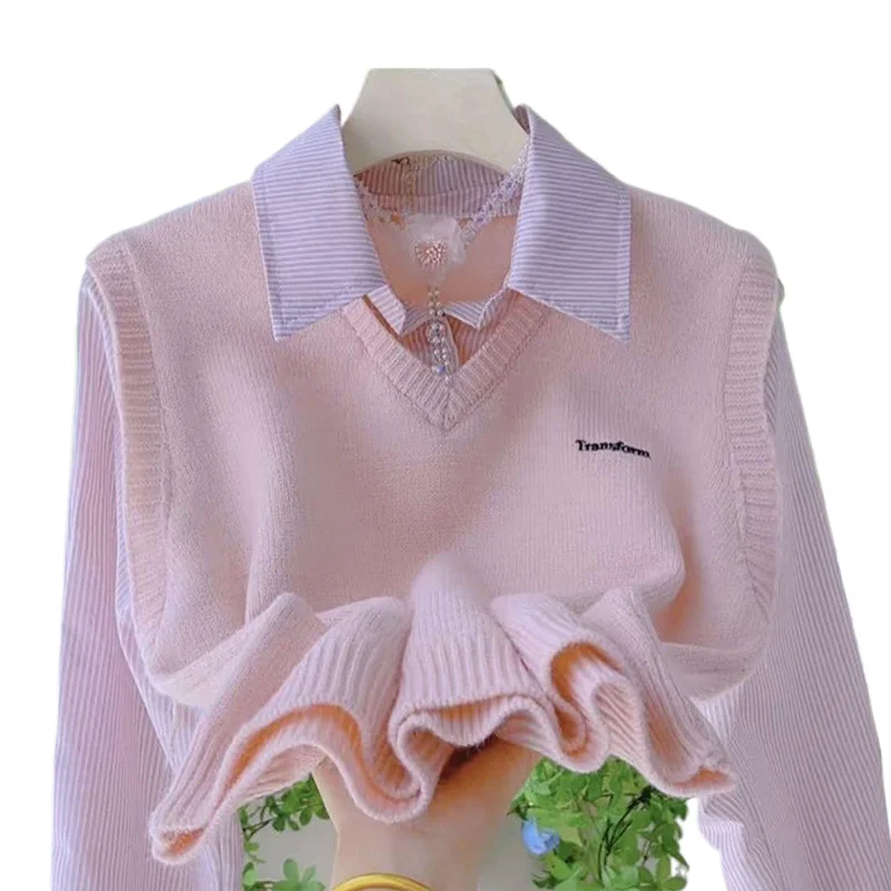 

Полосатый лоскутный вязаный свитер, рубашка из двух частей с длинными рукавами, женская весенне-осенняя новая повседневная универсальная рубашка в студенческом стиле