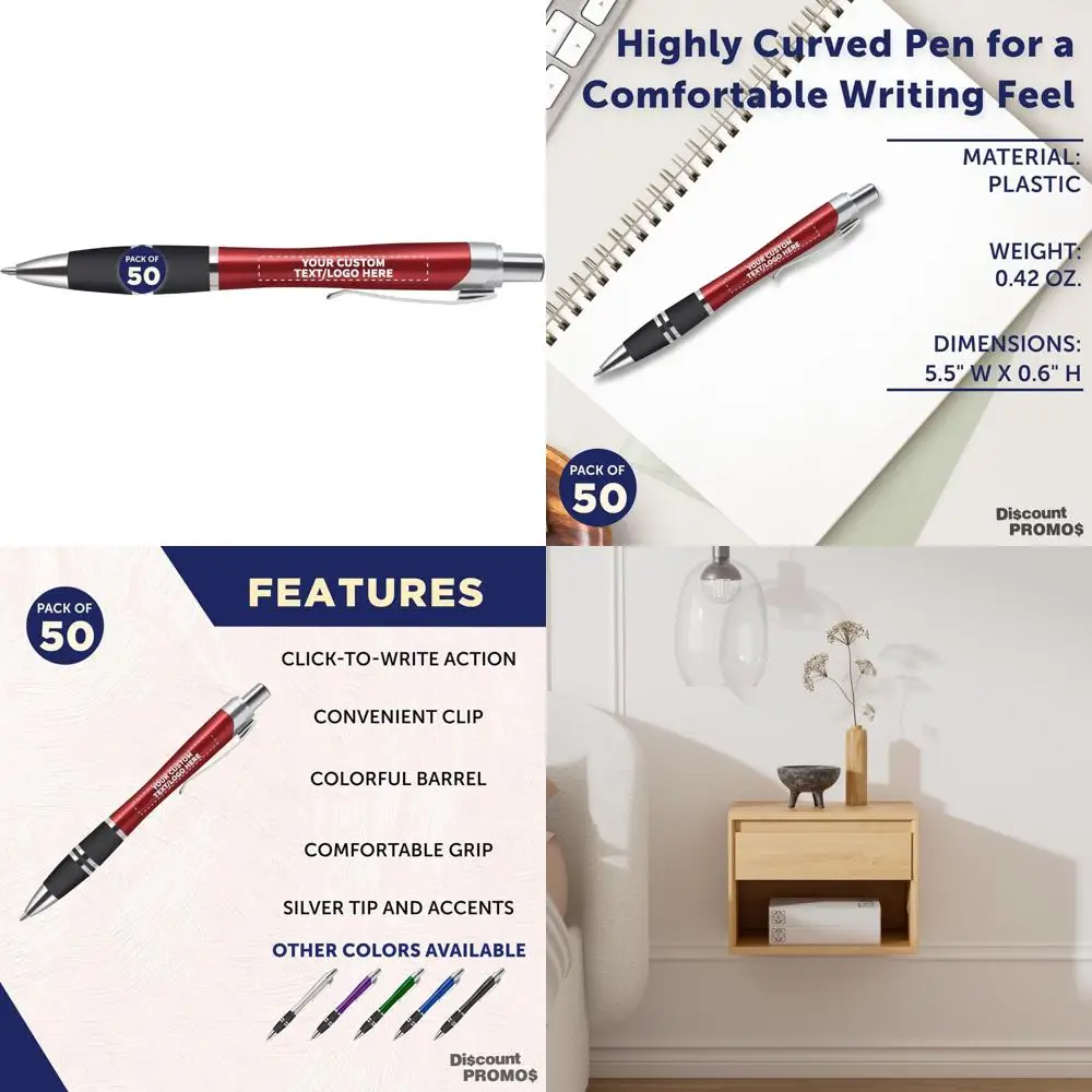 

Настраиваемые ручки из 50 серебряных акцентных ручек — персонализированные пластиковые ручки с красными чернилами — добавьте индивидуальный текст или логотип — оптовая акция