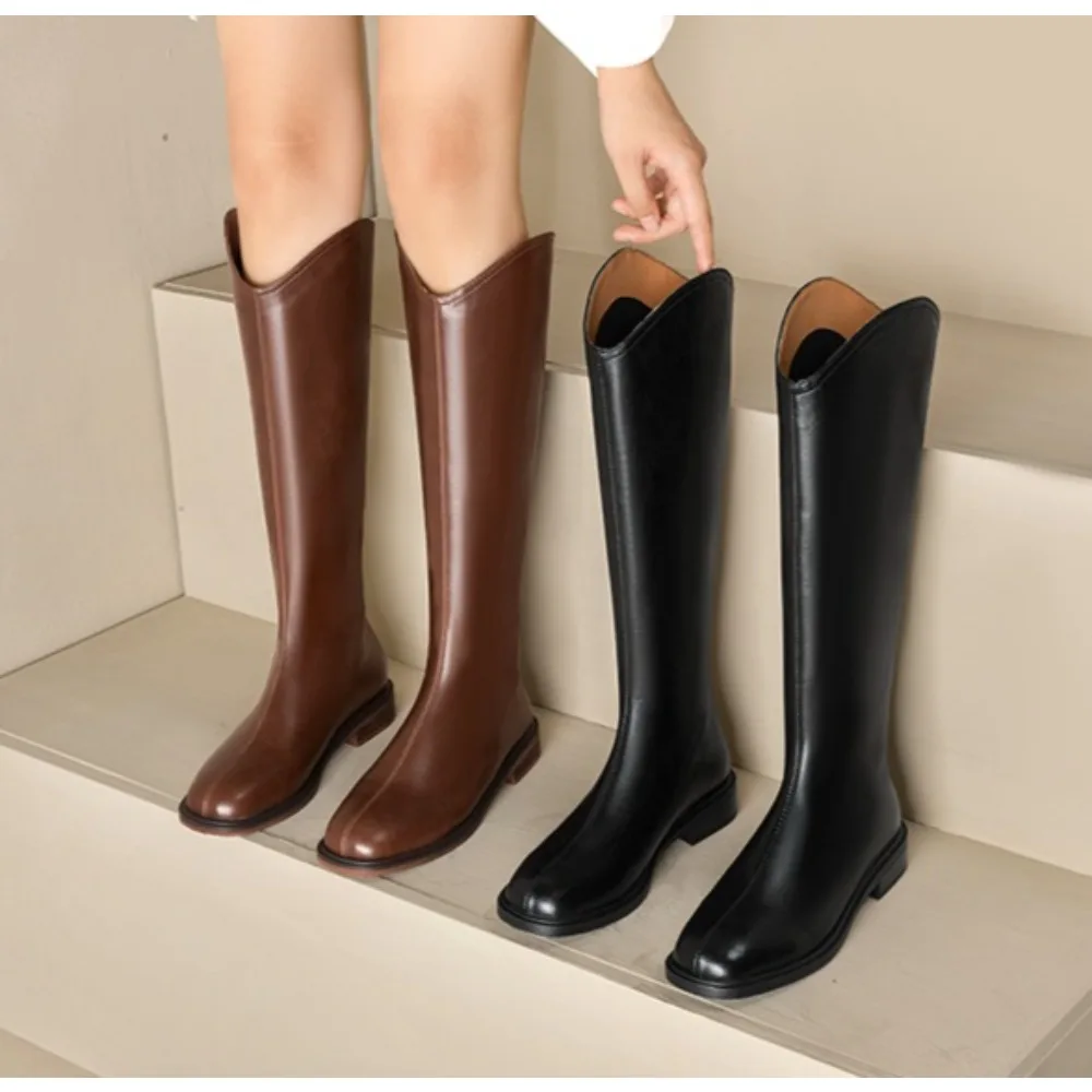 Women Knee-high Boots Leather Natural Leather Ladies Bootie Autumn and Winter Velvet Western Boots Goth Shoes Long Botas
