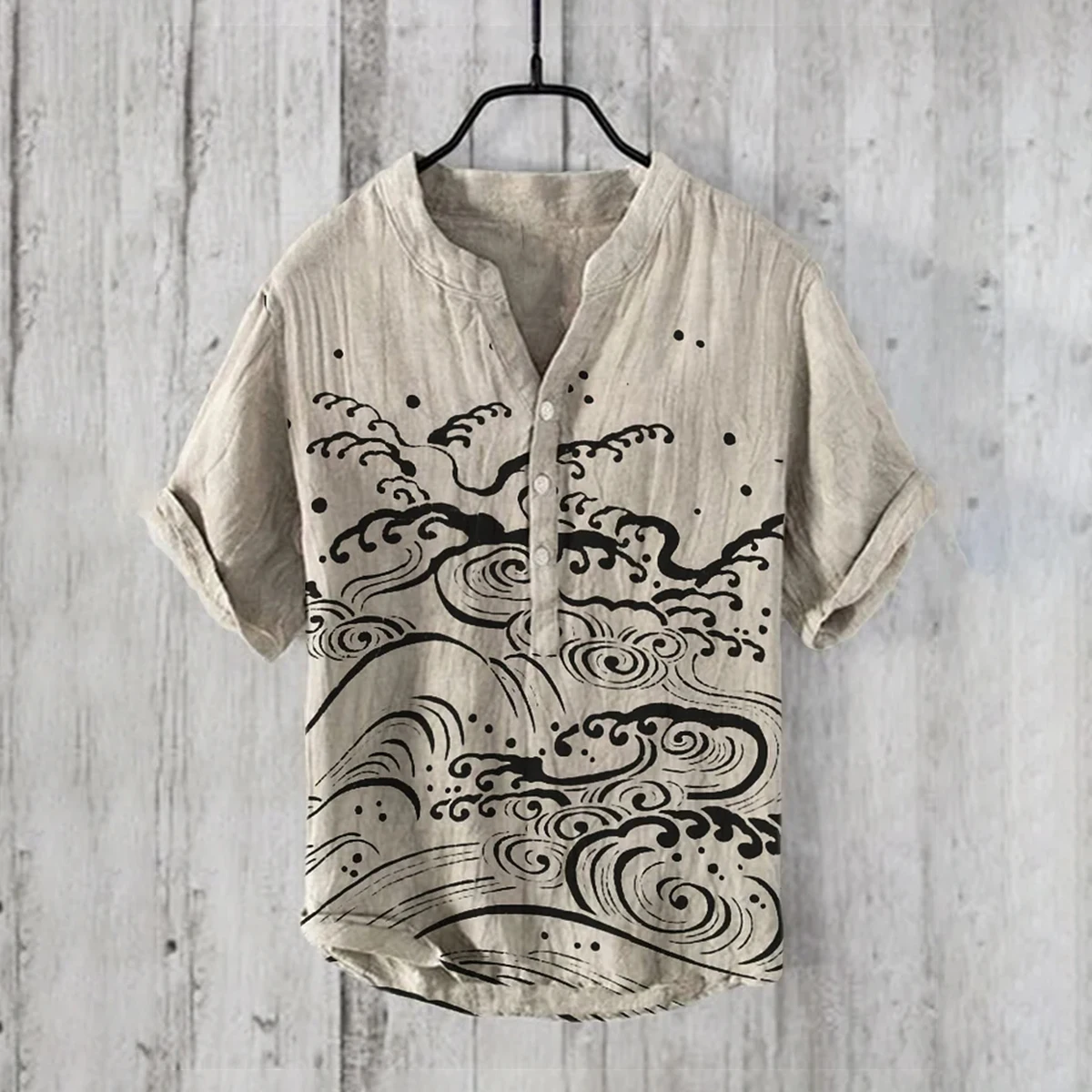 Linen 100% short-sleeved shirt sea wave ink mountain series printing casual comfortable loose large size shirt S-5XL fast delive