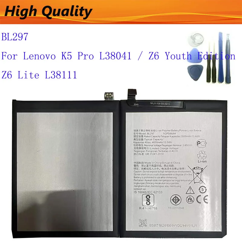

BL297 4050mAh Phone Battery For Lenovo K5 Pro L38041 / Z6 Youth Edition Z6 Lite L38111+Tools