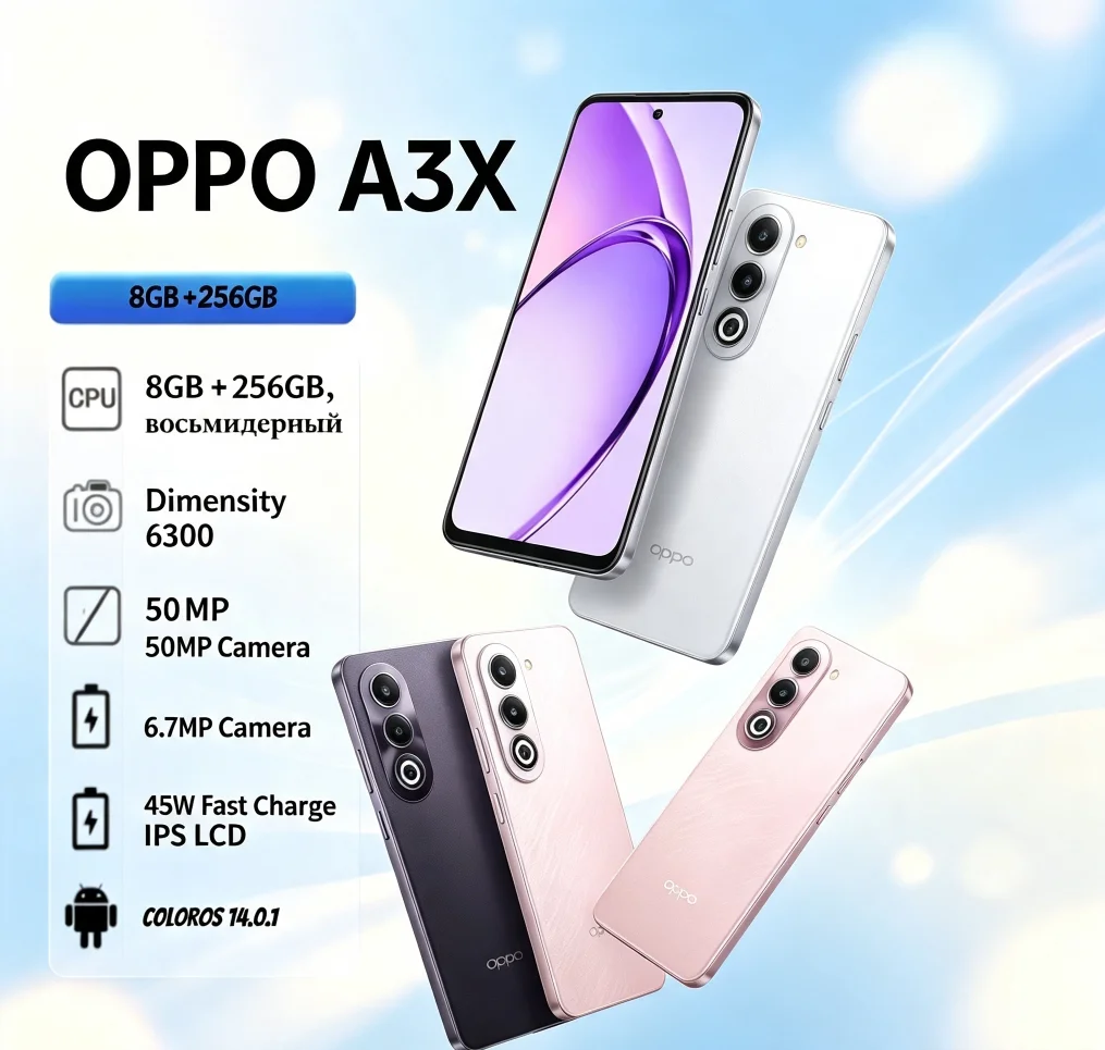2026 new phones OPPO A3X Smartphone 8GB RAM 256GB ROM Mediatek Helio P35 Octa-Core 6.5' HD+ Display Dual 13MP + 2MP Camera