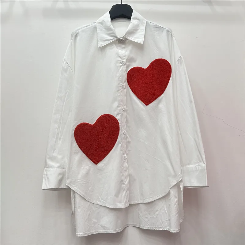 Large Heart Embroidery Casual White Shirts Turn Down Collar Loose Top Spring Summer Single Breasted Fashion Chic Blouse 2025 New