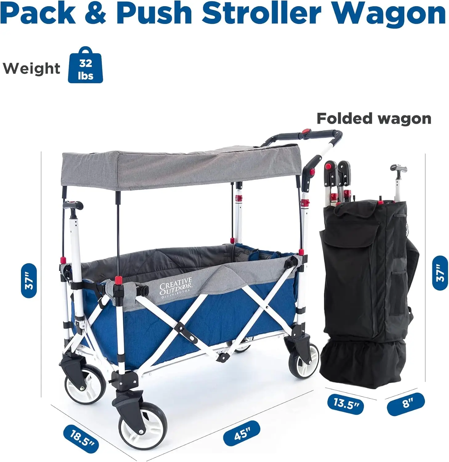 Outdoor Push Pull Stroller Wagon para crianças, Carrinho dobrável, 150lbs Peso Capacidade