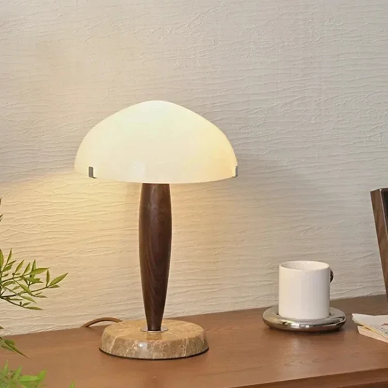 Marble Base Glass Shade Designer Table Light Nordic Danish Table Lamp Walnut Wood Desk Lamp for Bedroom Hotel Living Room