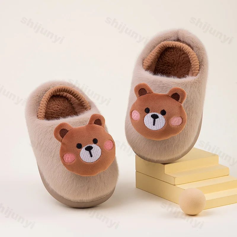 

Children's Cotton Slippers Winter New Plush Cute Girls' Home Shoes Indoor Non Slip Comfortable Soft Sole Boys' One-word Slippers