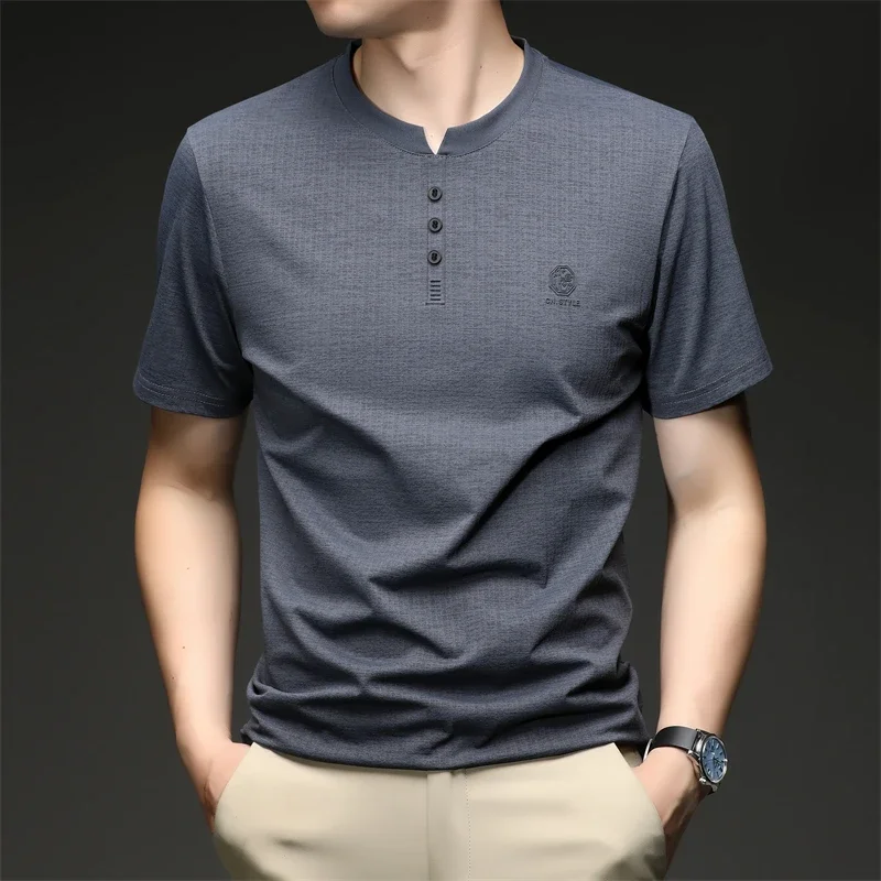 Mens Button Placket V Neck Short Sleeve T Shirt Solid Basic Style For Everyday Work Travel And Casual Outings All Season Use view 3