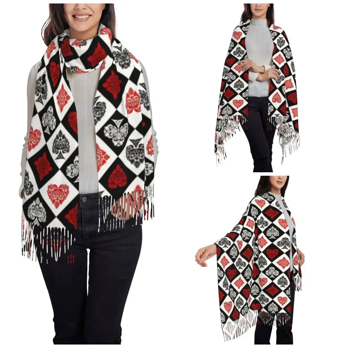 Women's Tassel Scarf Card Suits Poker Red Black Long Winter Warm Shawl and Wrap Aesthetics Gifts Pashmina Scarves