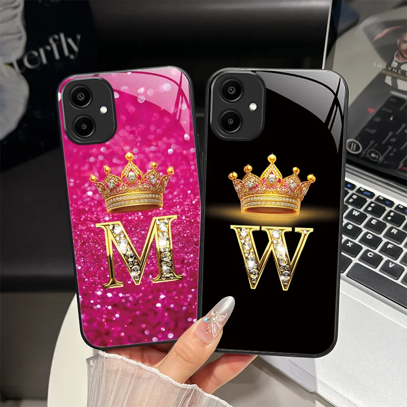 Para Samsung Galaxy A05 A05S funda moda letras iniciales cubiertas traseras de vidrio templado duro para Samsung A 05 carcasa de teléfono a prueba de golpes