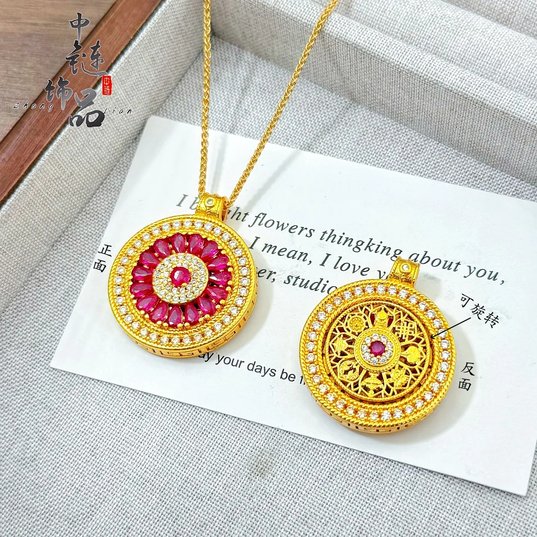 9999 gold full-cut diamond rose window rotating eight-pan compass pendant versatile compass necklace wholesale
