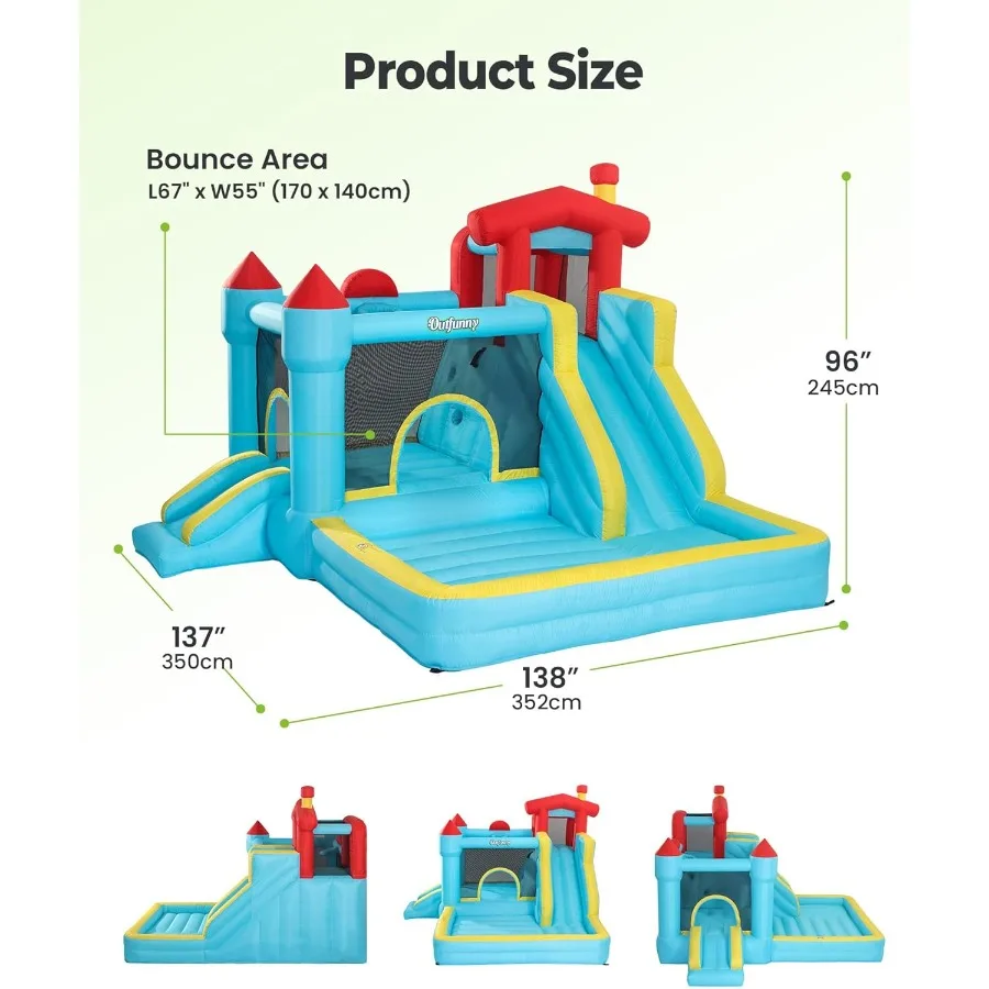 Casa inflável do salto casa inflável para meninos 3-12 com slide uso interno exterior 450w ventilador de alta eficiência céu azul design fo